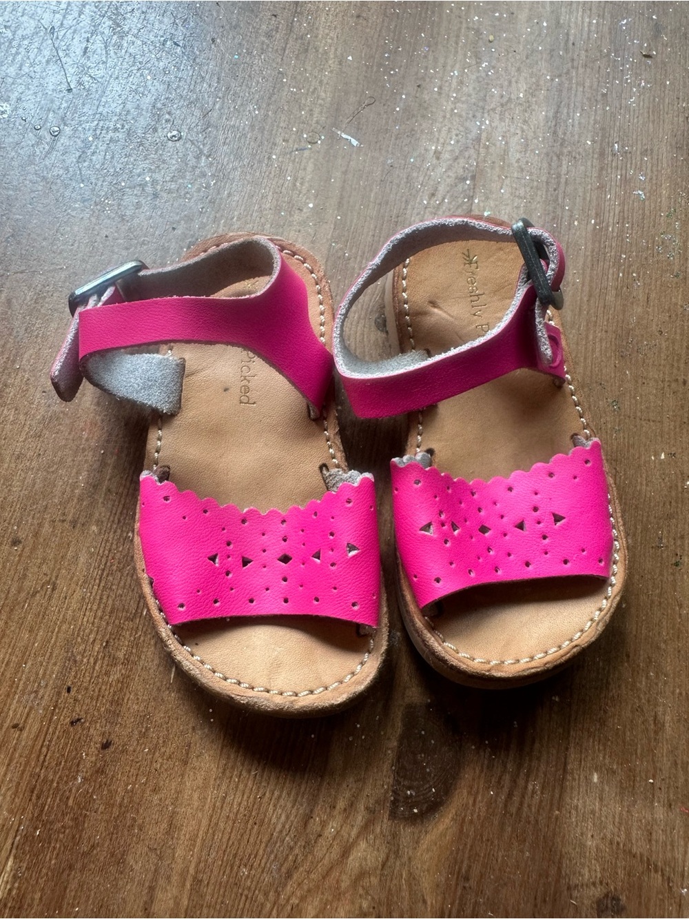 Freshly Picked Bright Pink Leather Kids Sandals with Scalloped Front